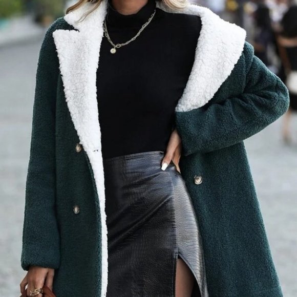 Teddy Lined Lapel Collar Double Breasted Coat fall winter green - Picture 6 of 8